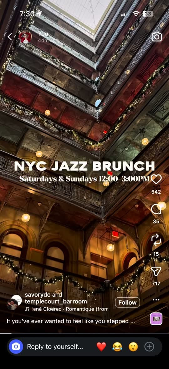 Instagram Reel showing NYC Jazz Brunch at The Beekman
