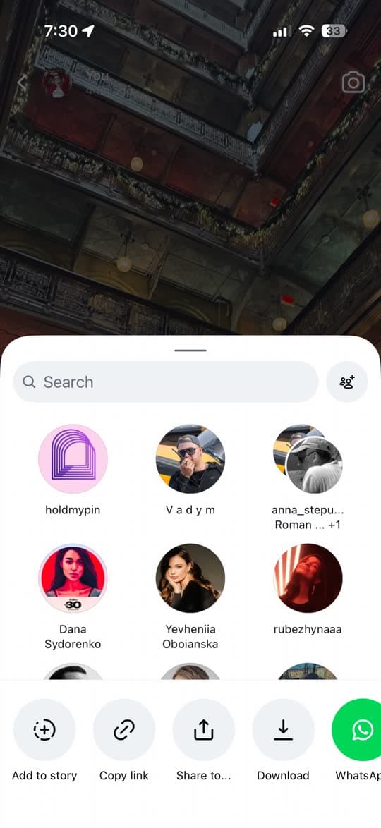 Instagram share sheet — sending the reel to @holdmypin