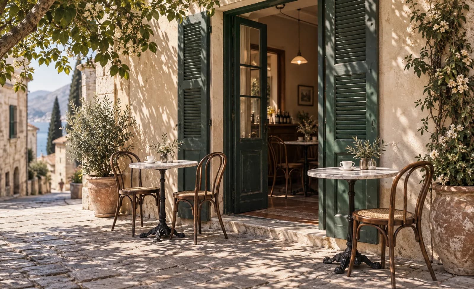 A sunlit sidewalk café with green shutters and marble tables.