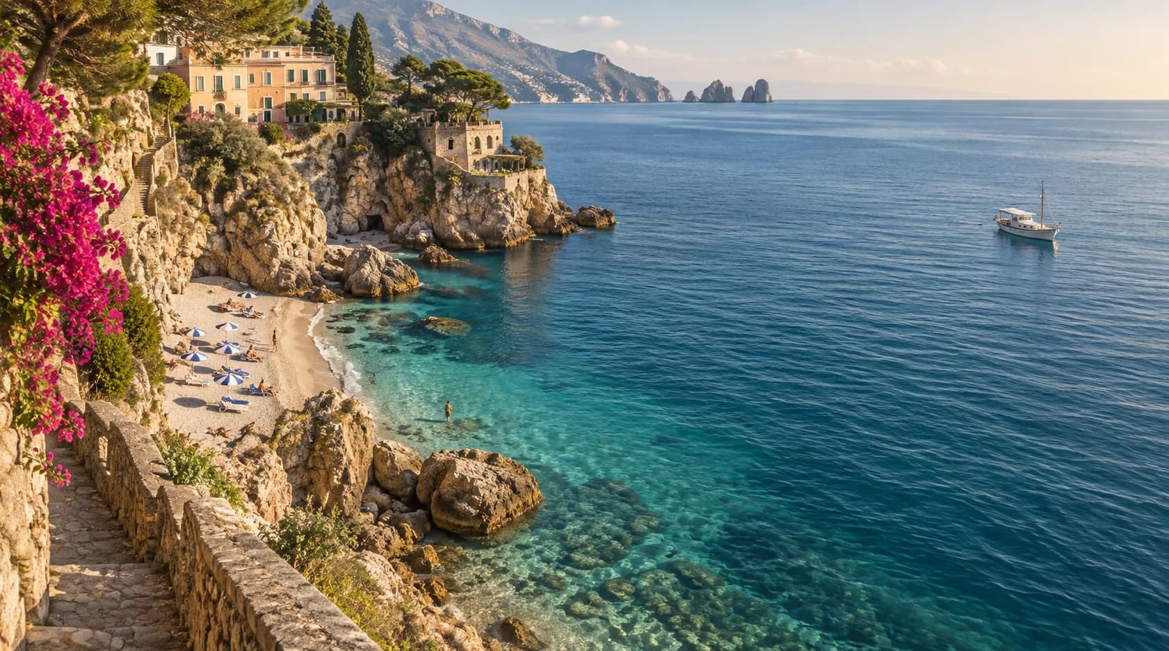 A sunlit Mediterranean cove with limestone cliffs and clear blue water.