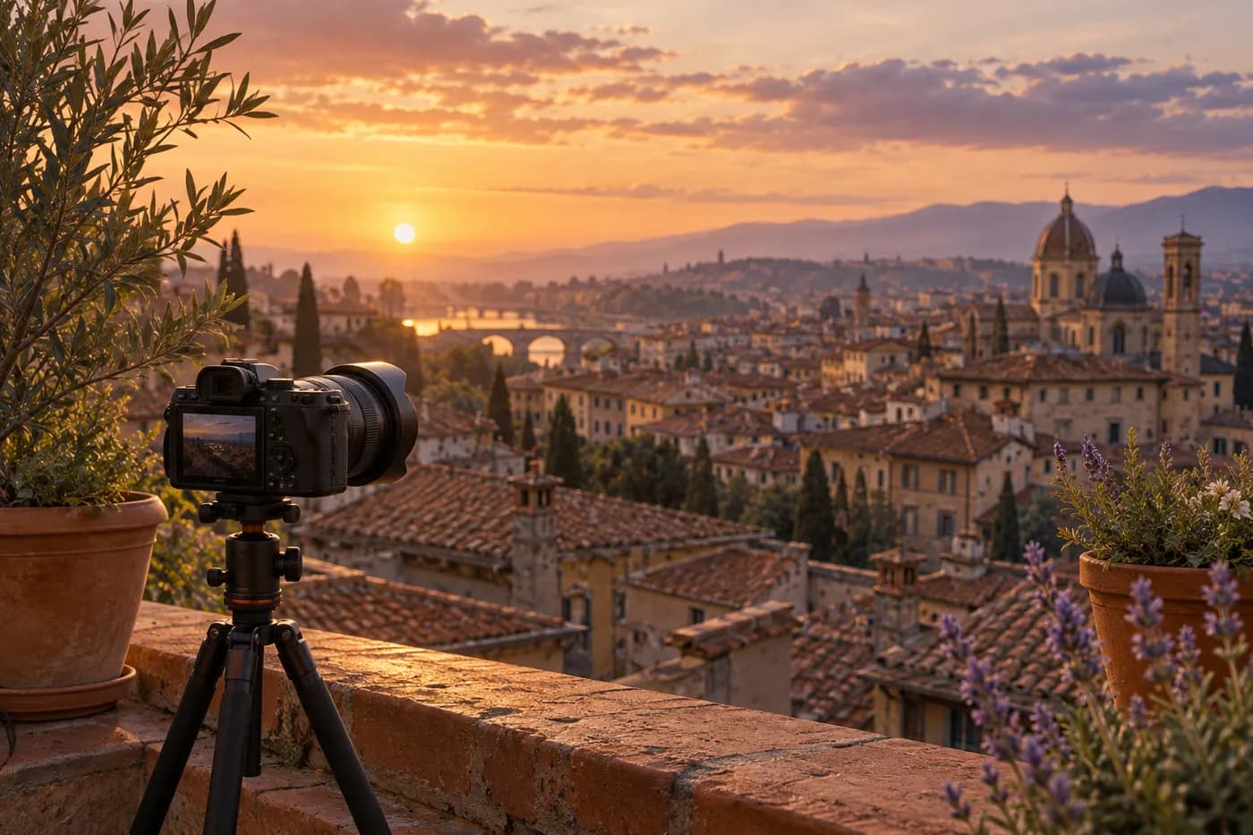 A camera on a rooftop terrace overlooking a city at golden hour.