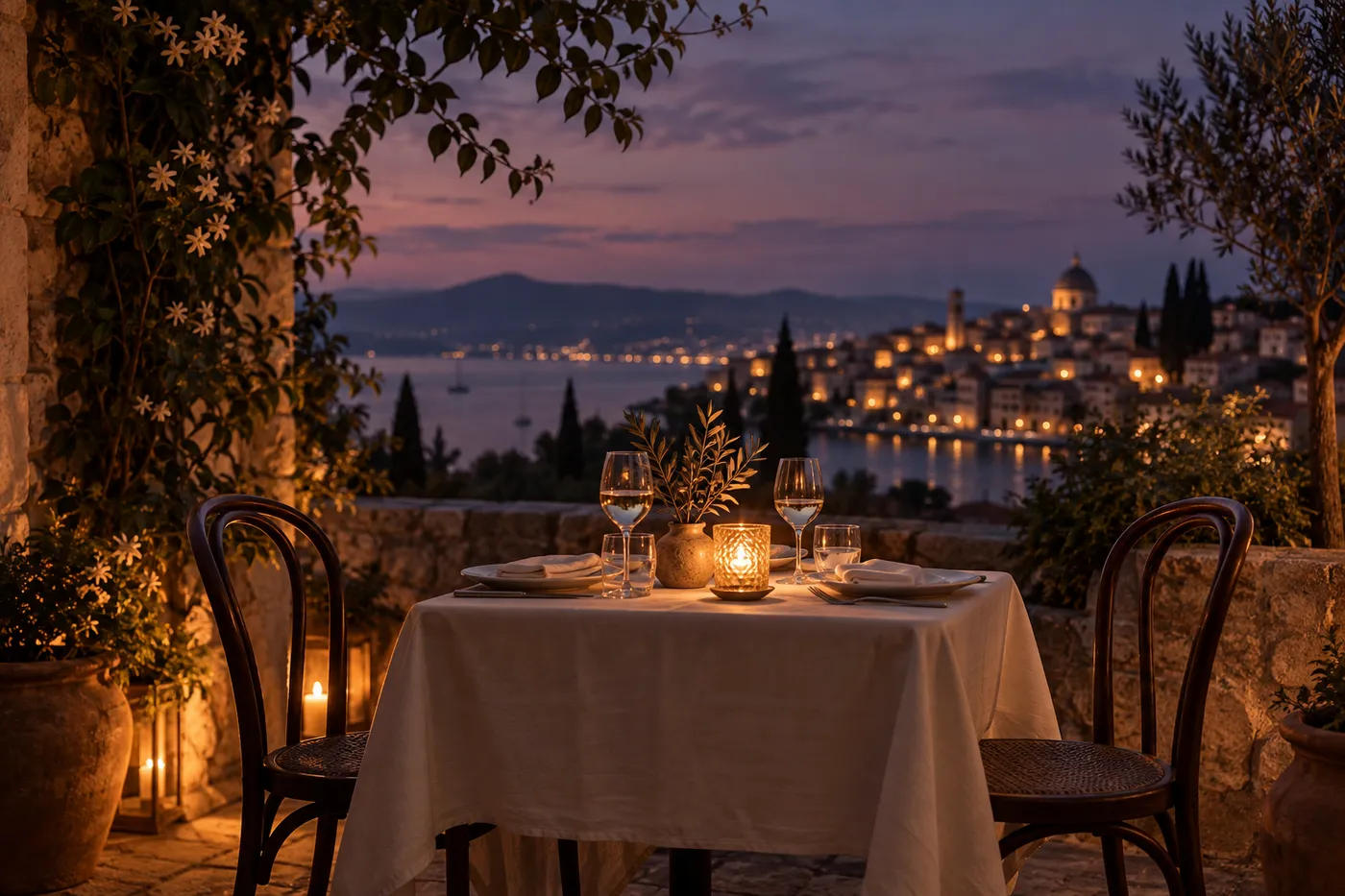 A candlelit terrace table for two with warm city lights in the distance.
