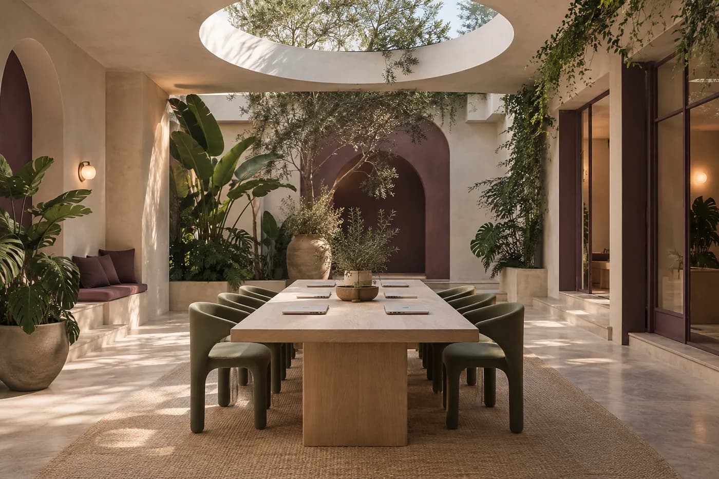 An airy coworking courtyard with oak tables, green chairs and a skylight.