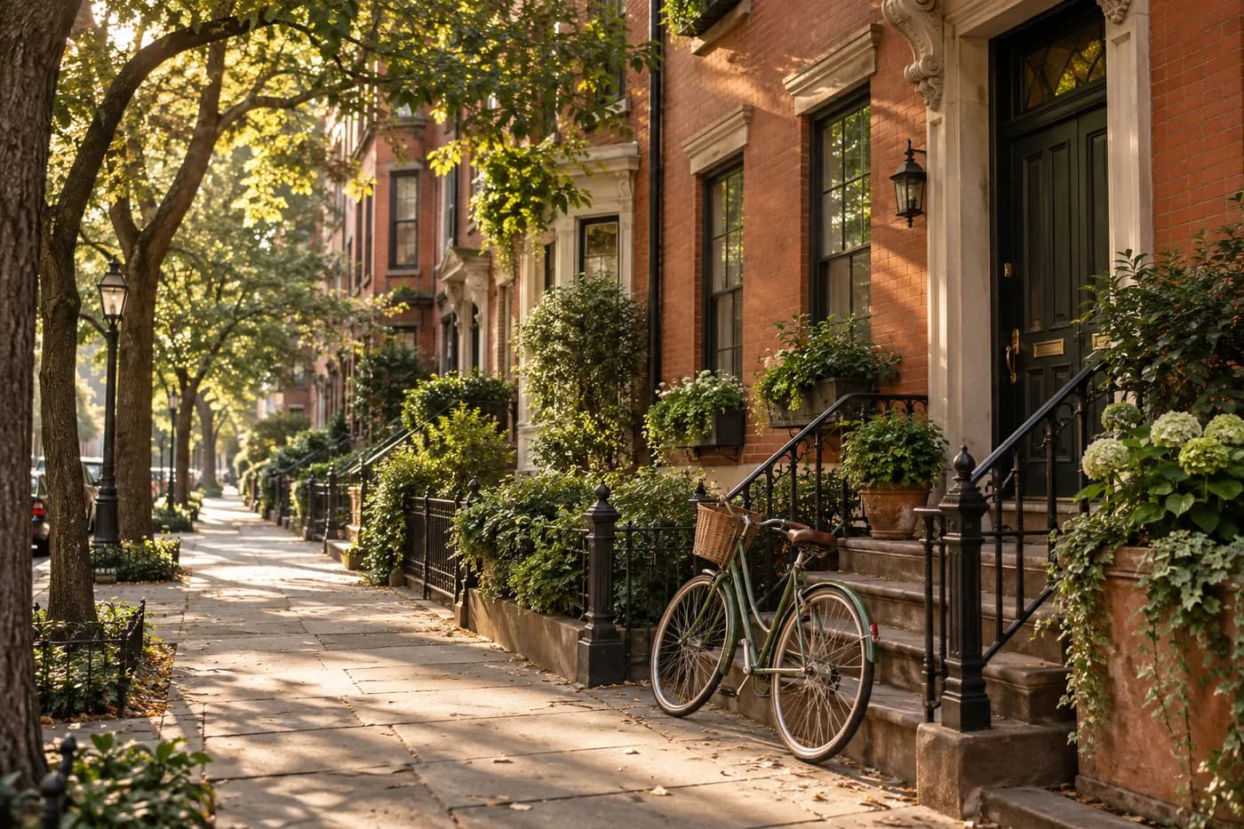 A welcoming residential street with brick townhouses, trees and a bicycle.