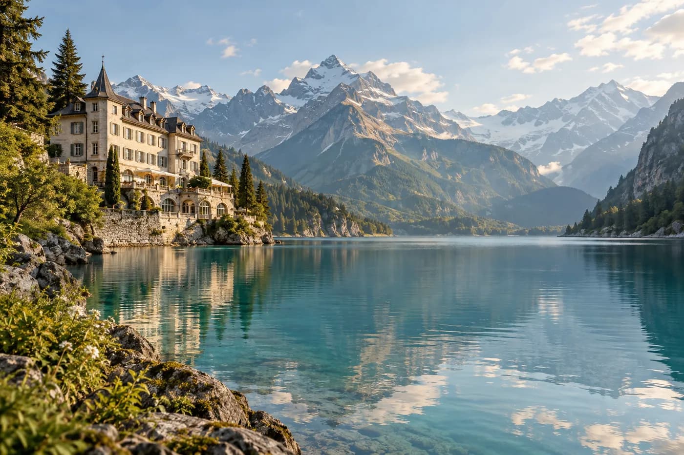 An alpine lake beside a pale stone hotel and layered mountains.