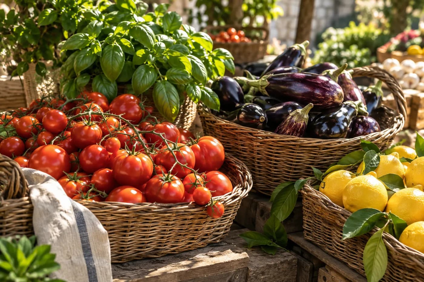 Colorful tomatoes, basil, aubergines and lemons at an outdoor market.