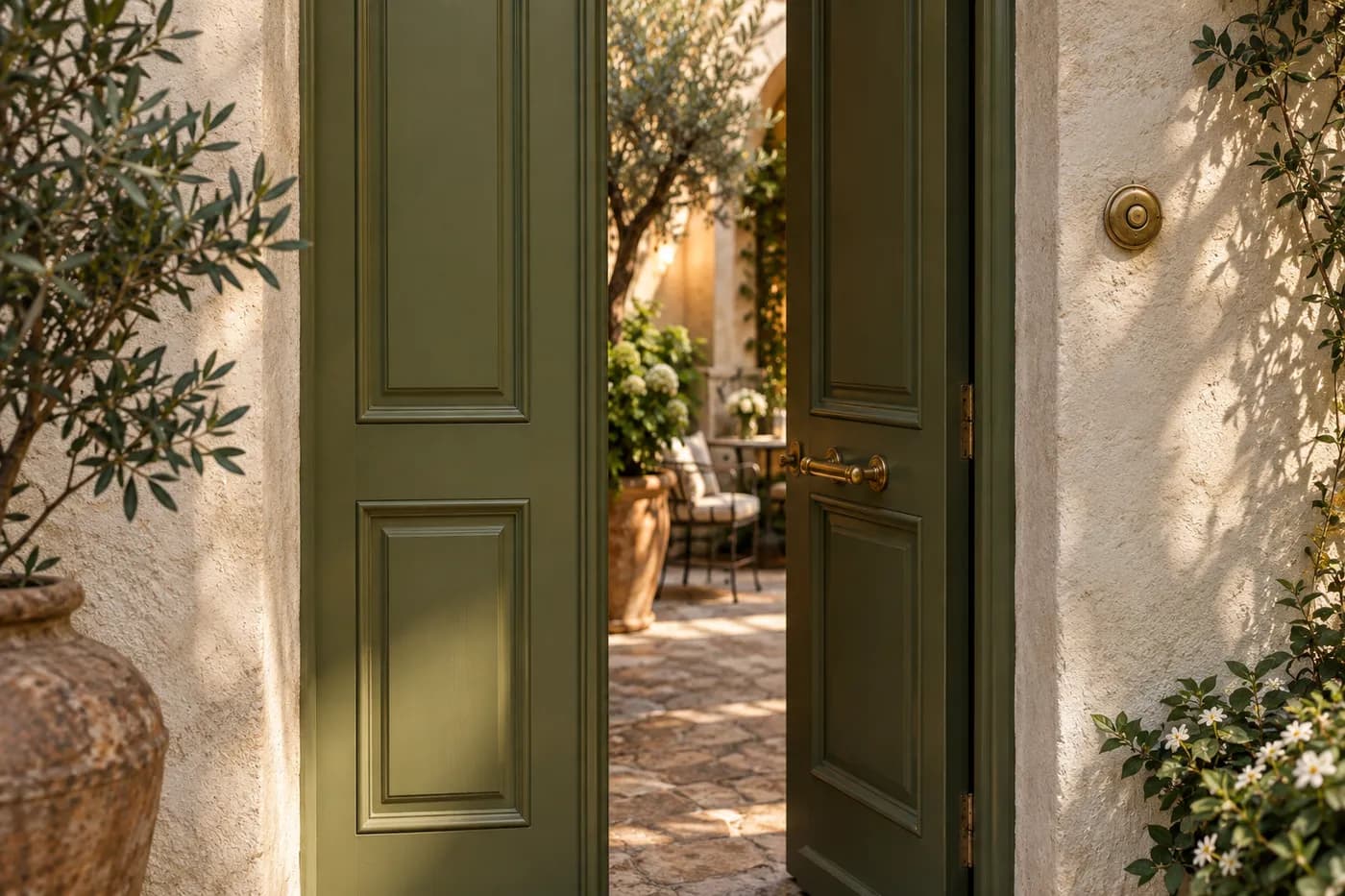 An olive-painted doorway opening onto a sunlit courtyard.