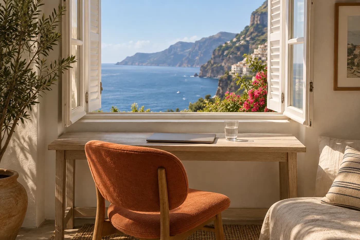 A quiet seaside work nook with a laptop and a terracotta chair.