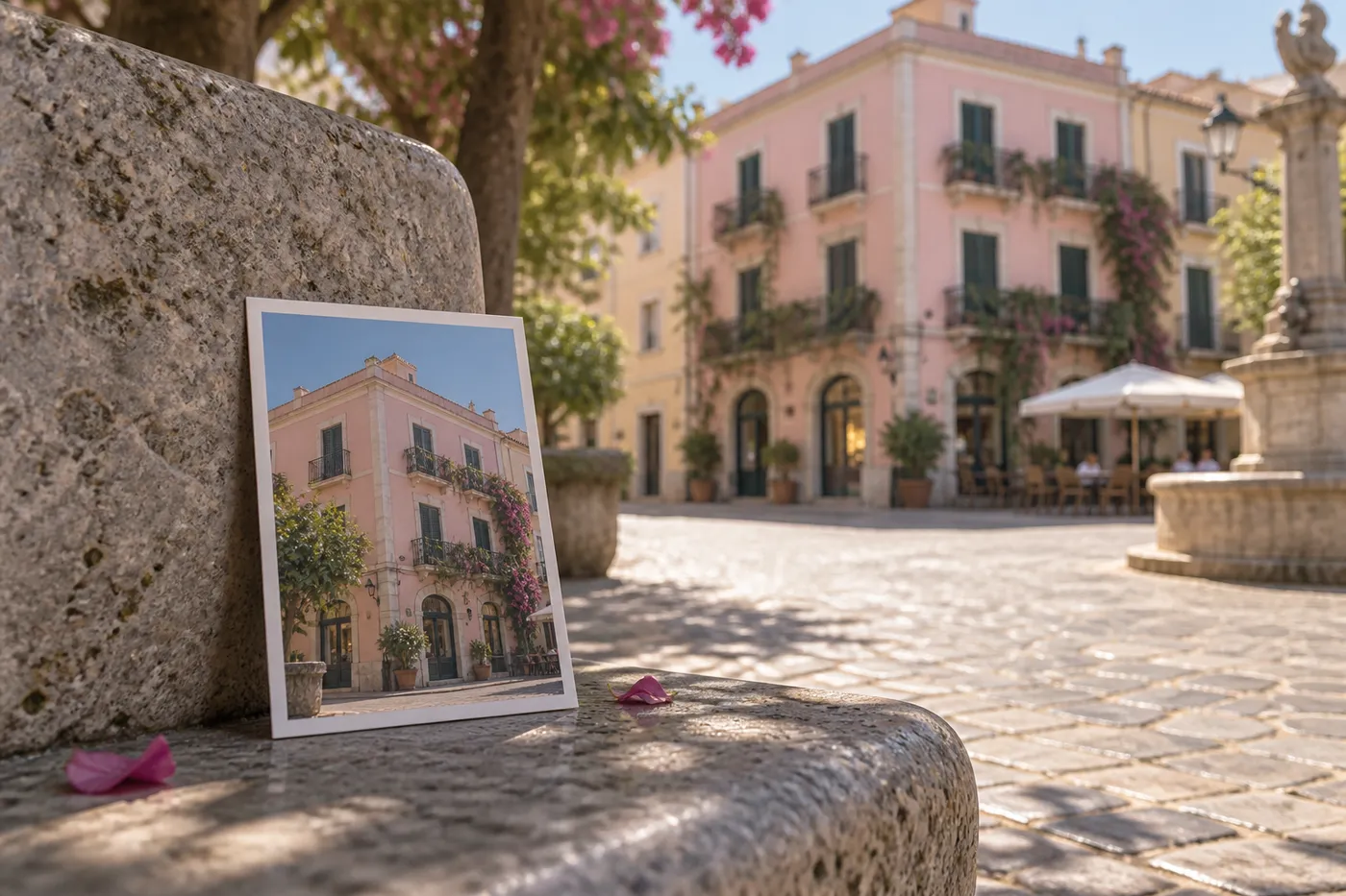 A printed architectural photo beside the same building in the background.