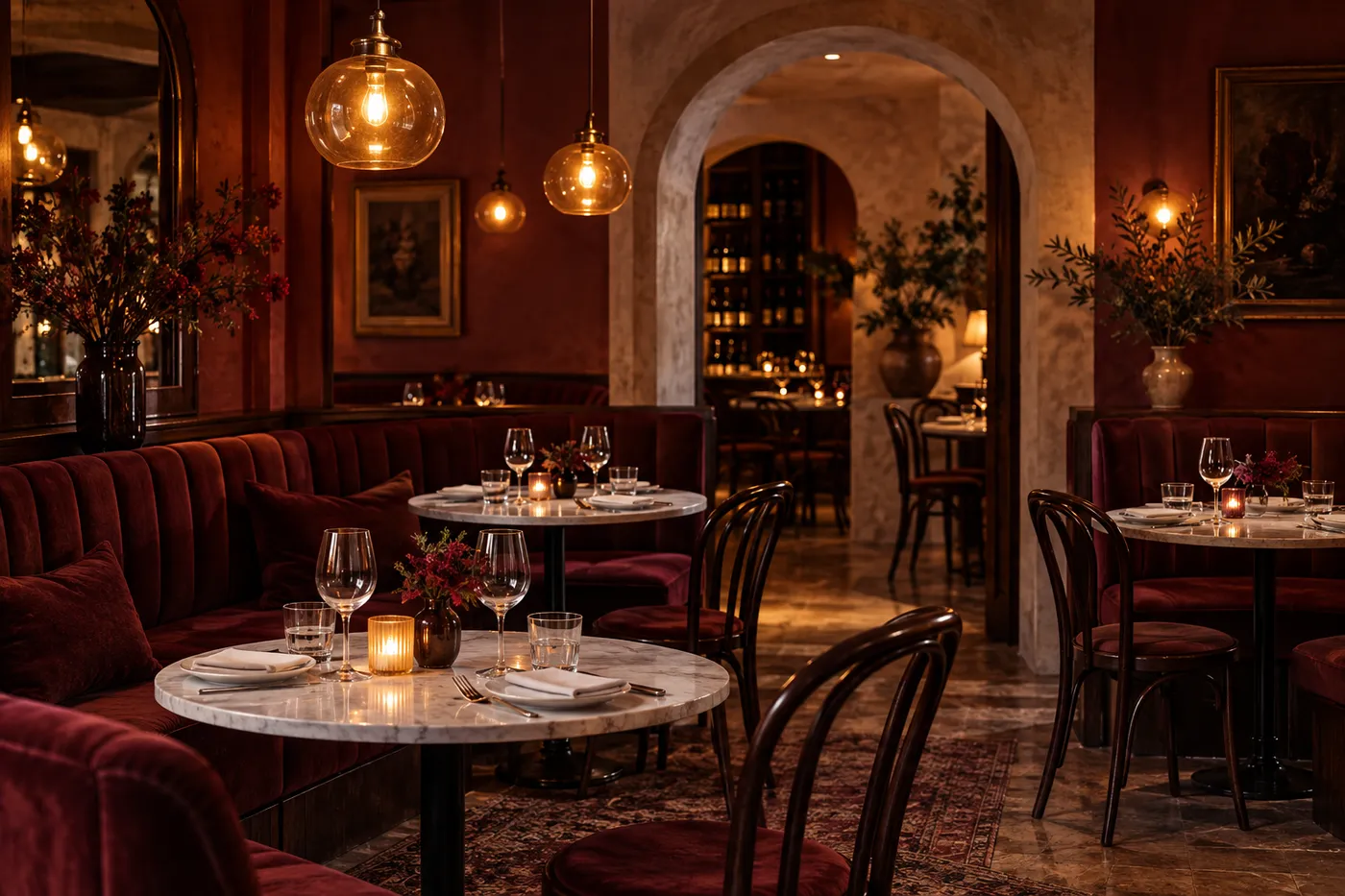 A warm bistro with burgundy seating and marble dining tables.