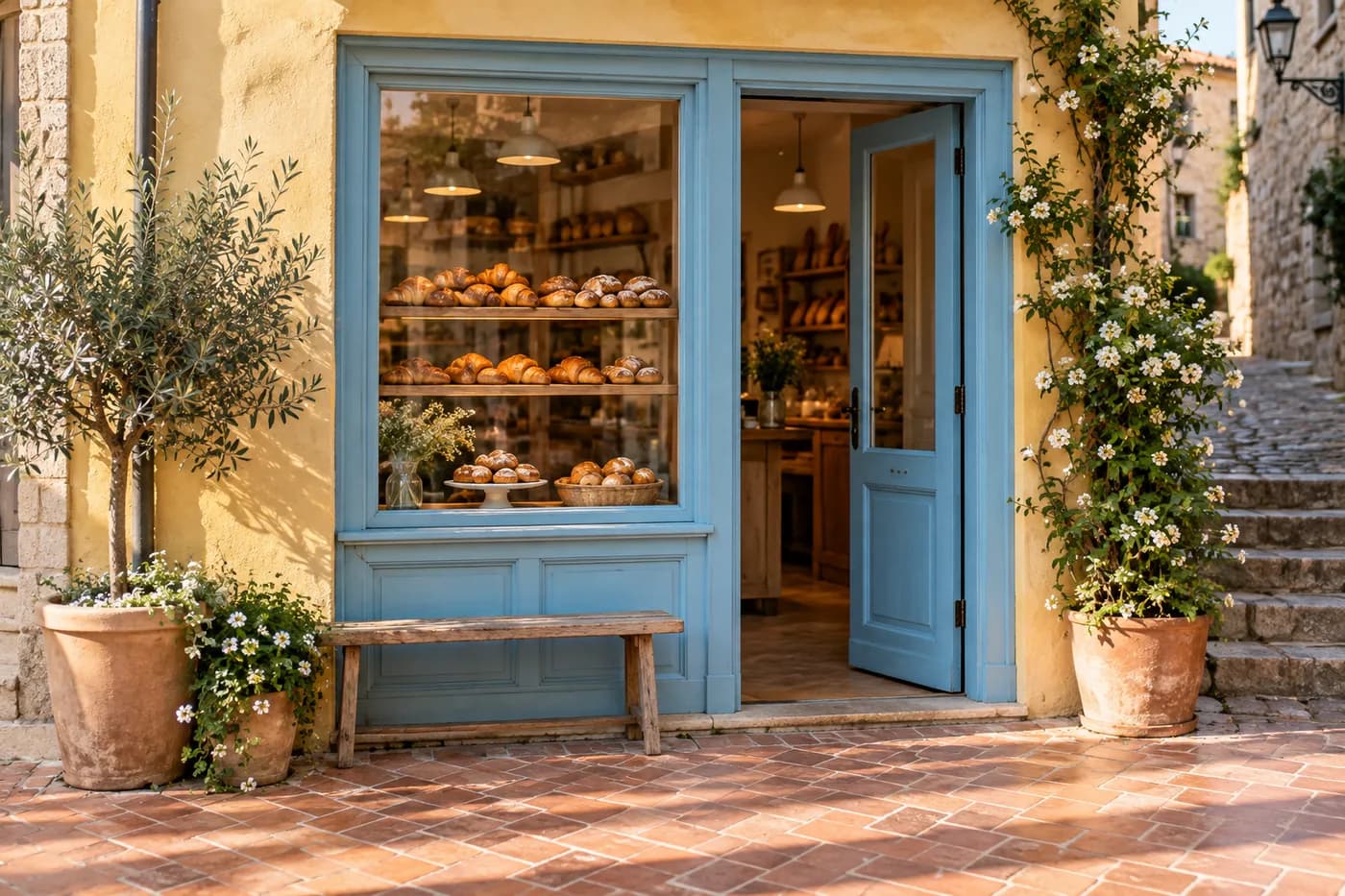 A butter-yellow bakery with a blue doorway and pastries in the window.