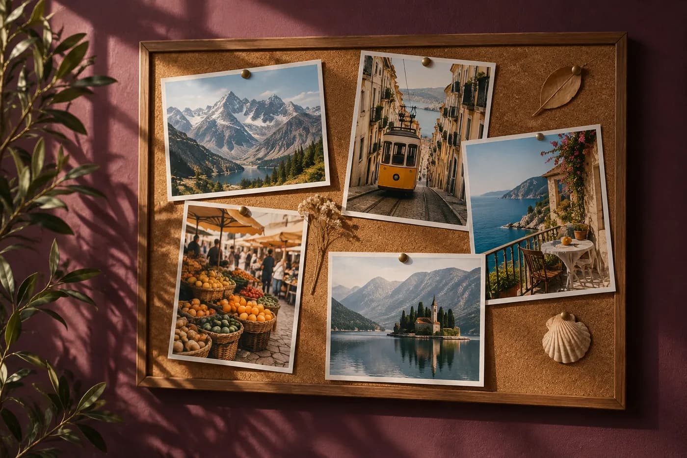 A pinboard holding a varied collection of travel photographs.