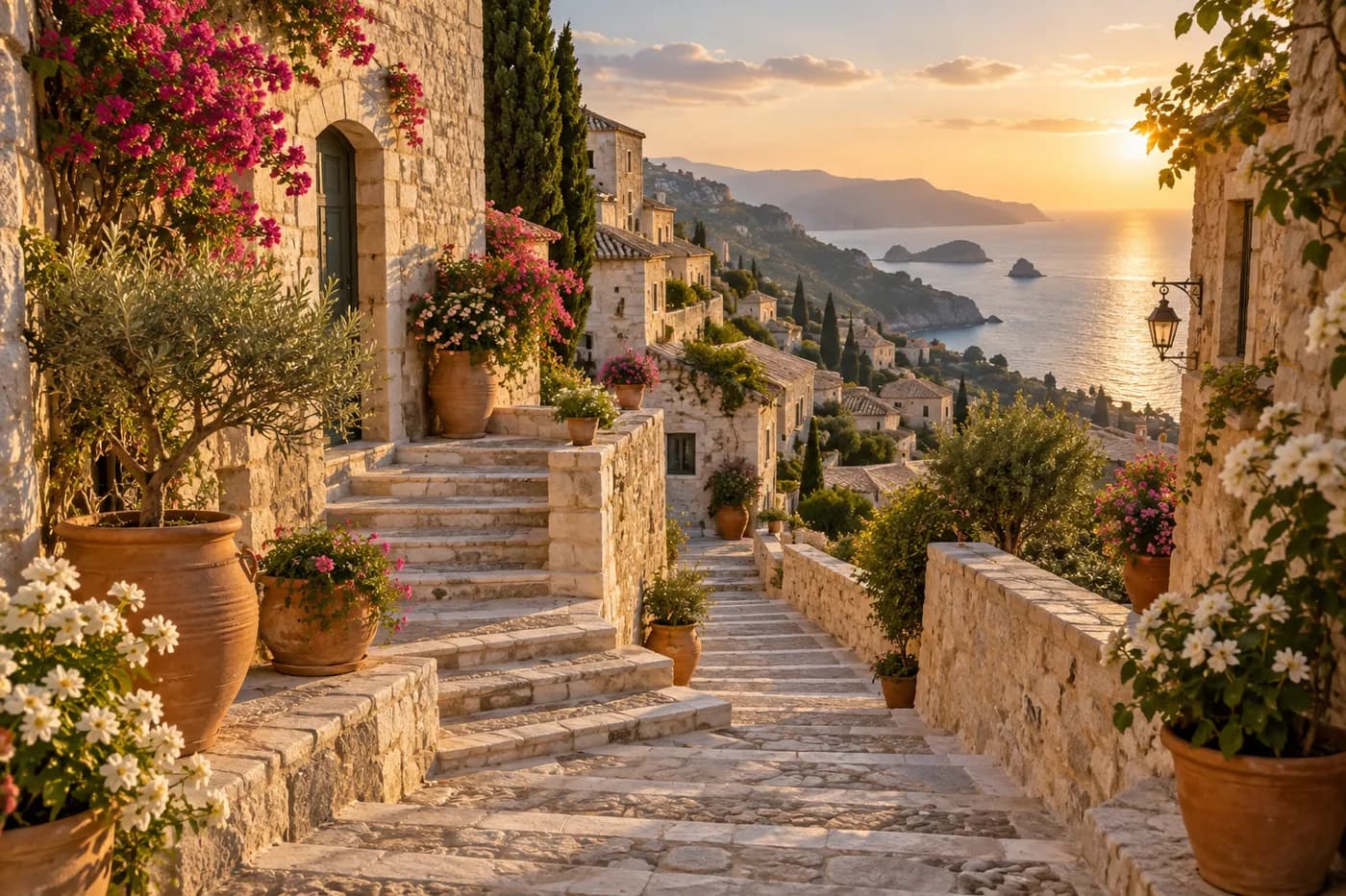 A winding limestone staircase leading through a hillside village.