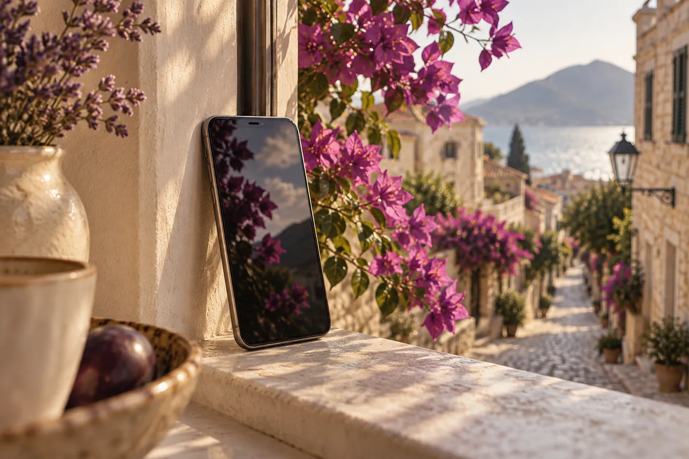 A smartphone on a café window ledge beside purple bougainvillea.
