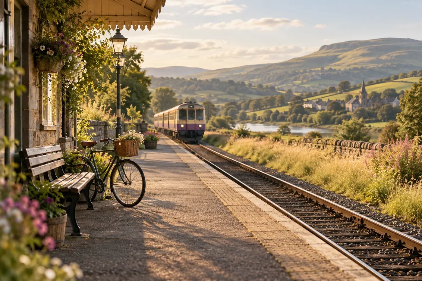 A quiet countryside railway platform with a bicycle and an approaching train.