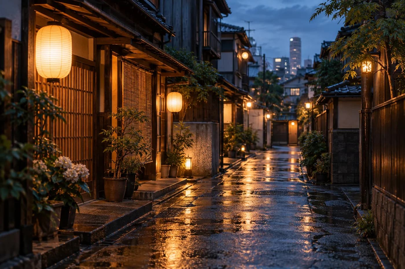 A Tokyo-inspired side street with warm lanterns reflected in wet pavement.