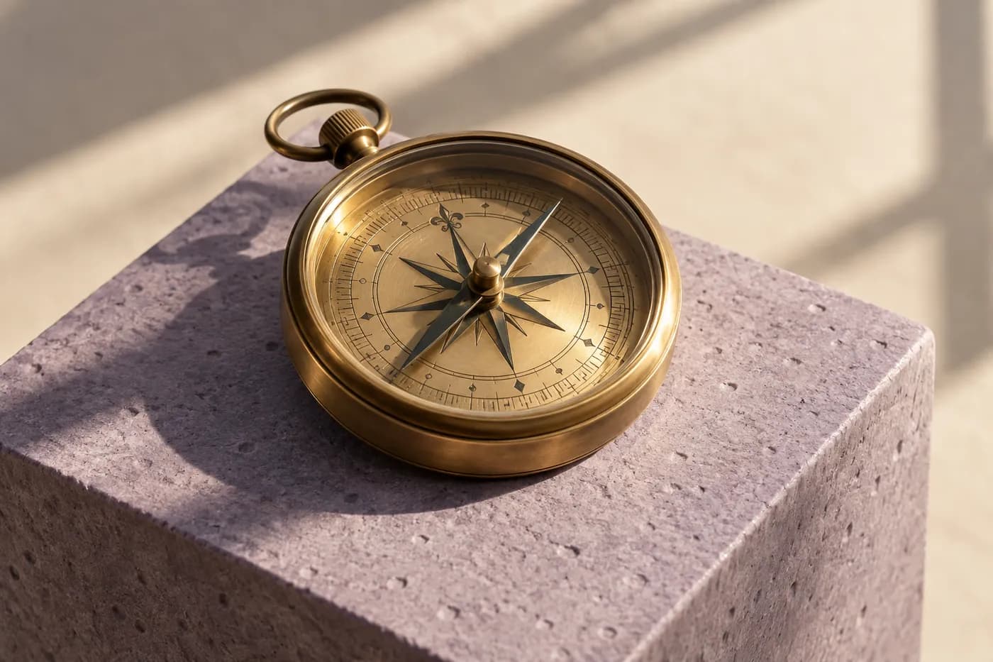 A brass compass on a lavender plinth in warm window light.