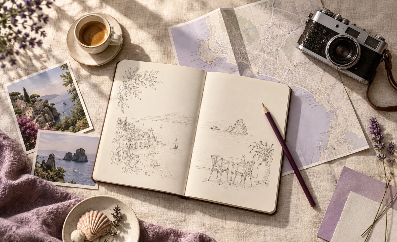 A travel notebook, camera and postcards arranged on ivory linen.